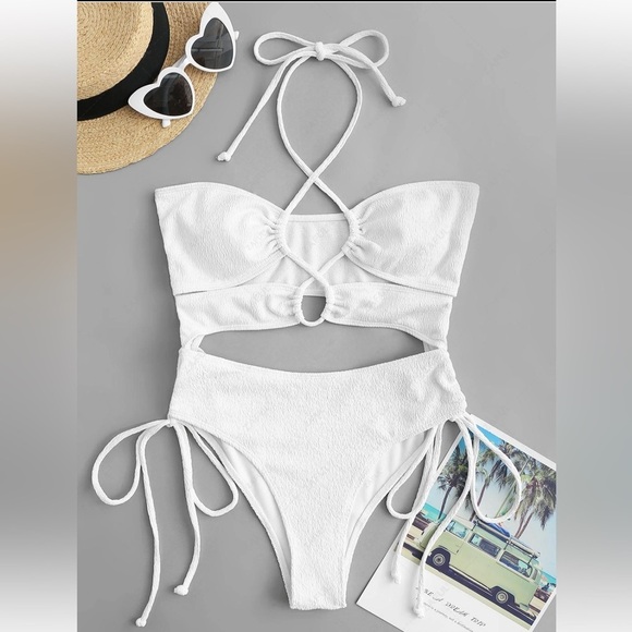 🆕 ZAFUL Textured Lace Up Cinched Cutout One-piece Swimsuit size small - Picture 4 of 9
